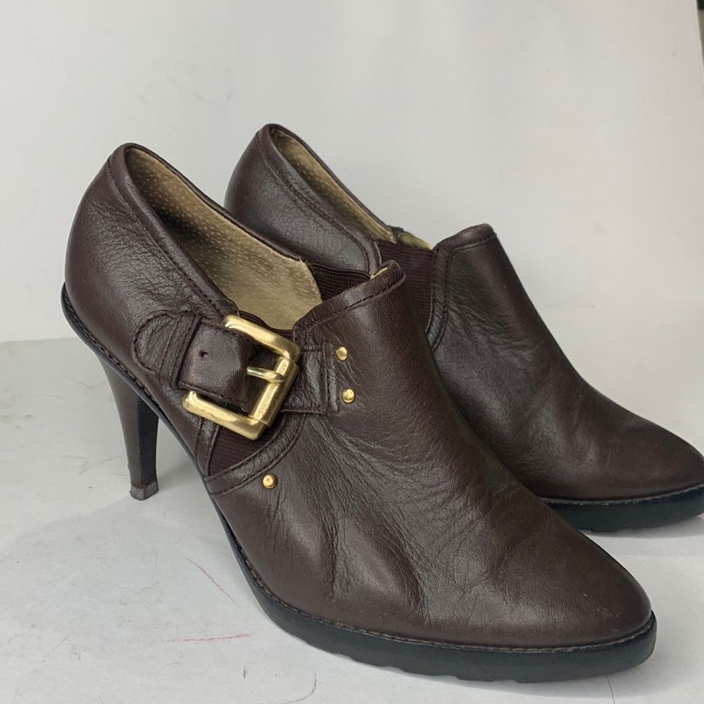 Michael Kors Penelope dark brown leather buckled ankle booties